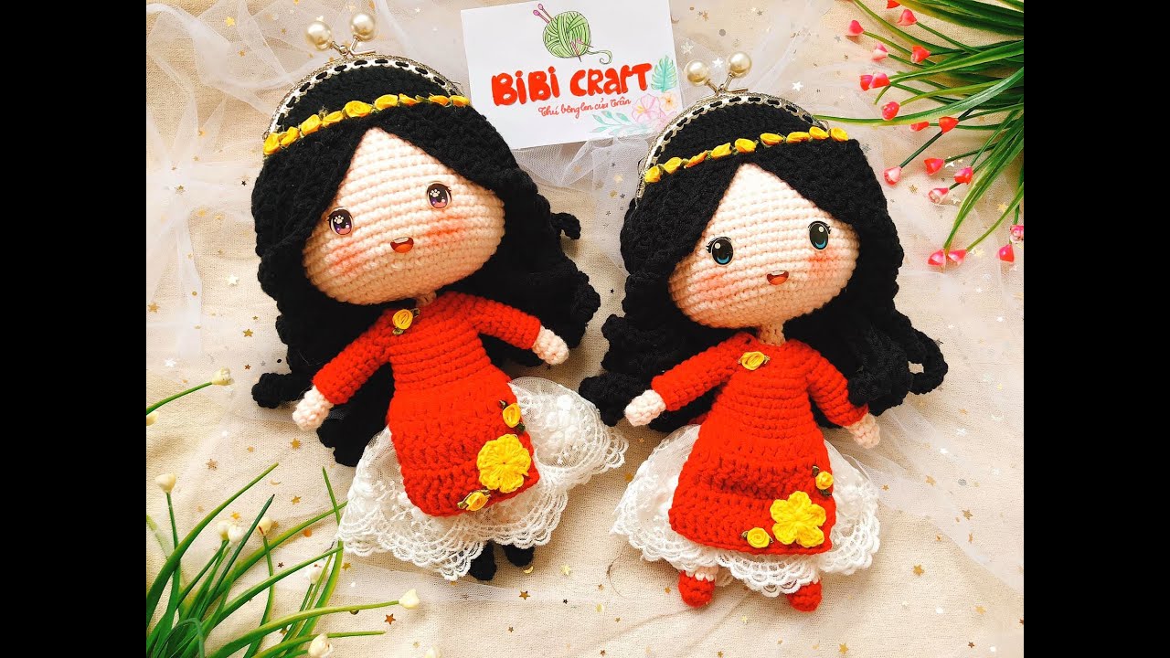 Bài 57 :Hướng dẫn Móc TÚI LÌ XÌ Búp Bê Mặc Áo Dài Đỏ | BiBi Craft | PHẦN 4 : Móc Tóc & Khâu Khung