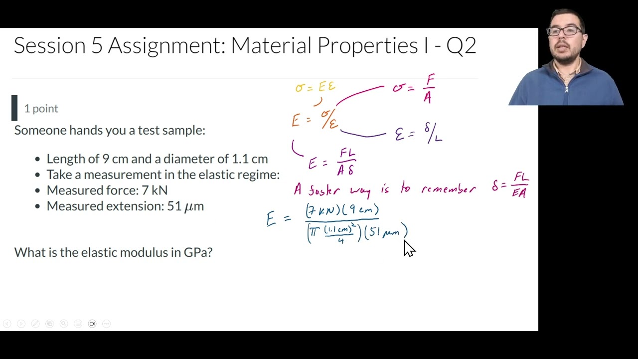 Material Properties - Calculating the Elastic Modulus from Given Parameters in a Tensile Test