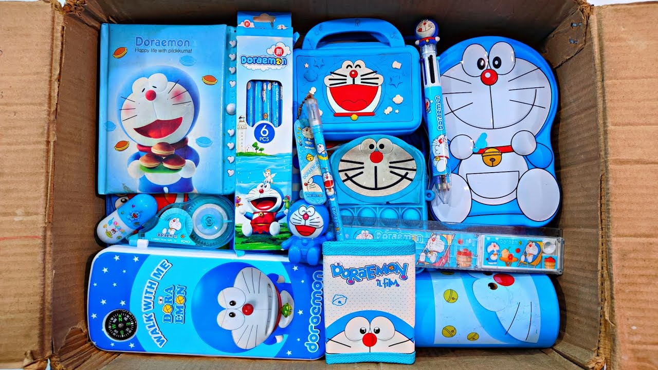 Unboxing Doraemon Stationery 📚, Pouch, Coin Bank  Water Bottle, Pencil Box, Sharpener, Notebook, Pen