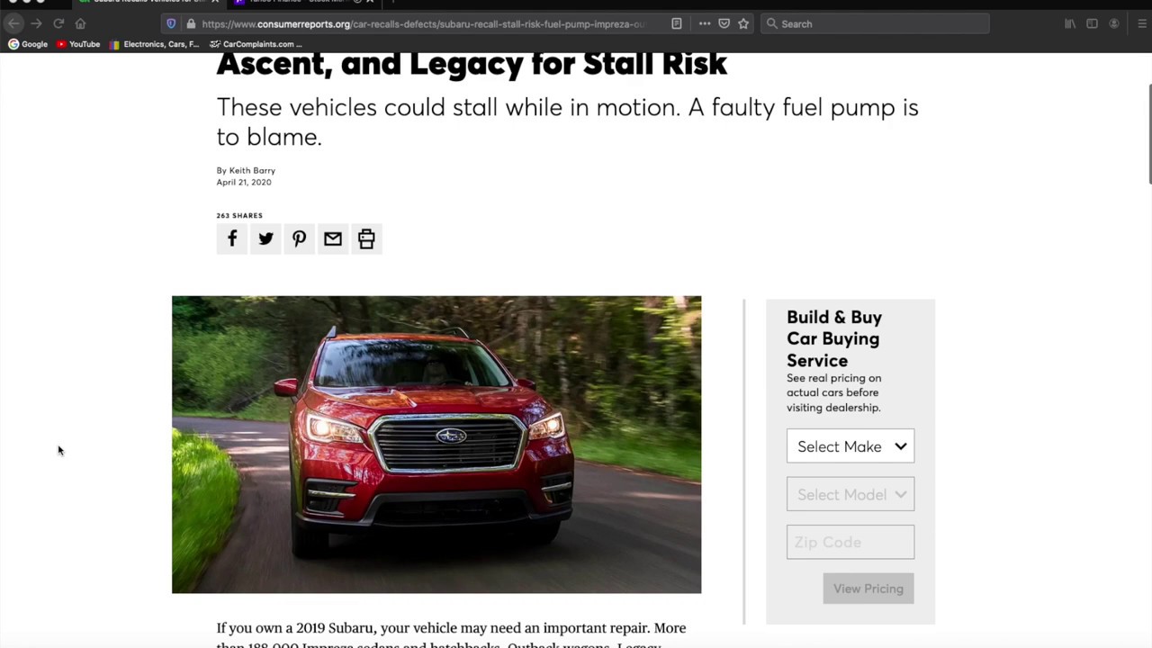 2018-2019 Subaru vehicle fuel pump recall
