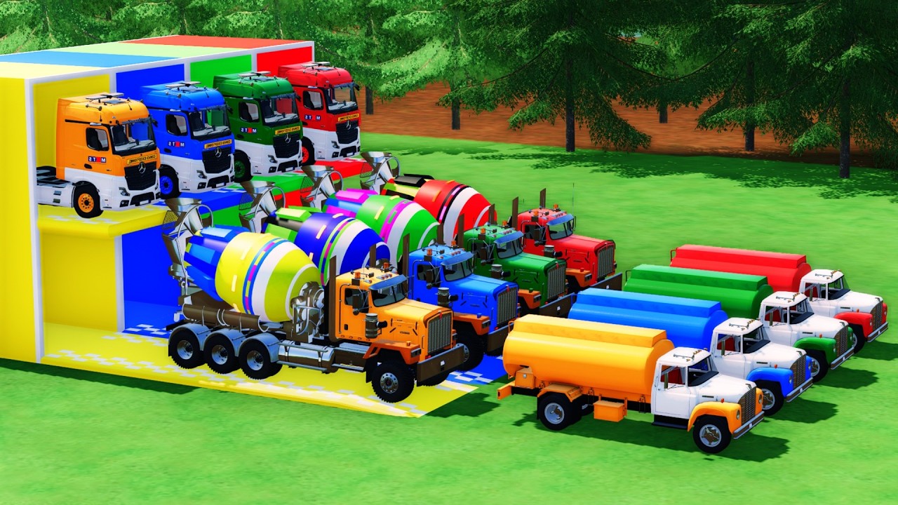 Colorful HUGE Trucks - Transporting Police Cars and Mixer Truck With Flatbed Trailer MAN CAT #117