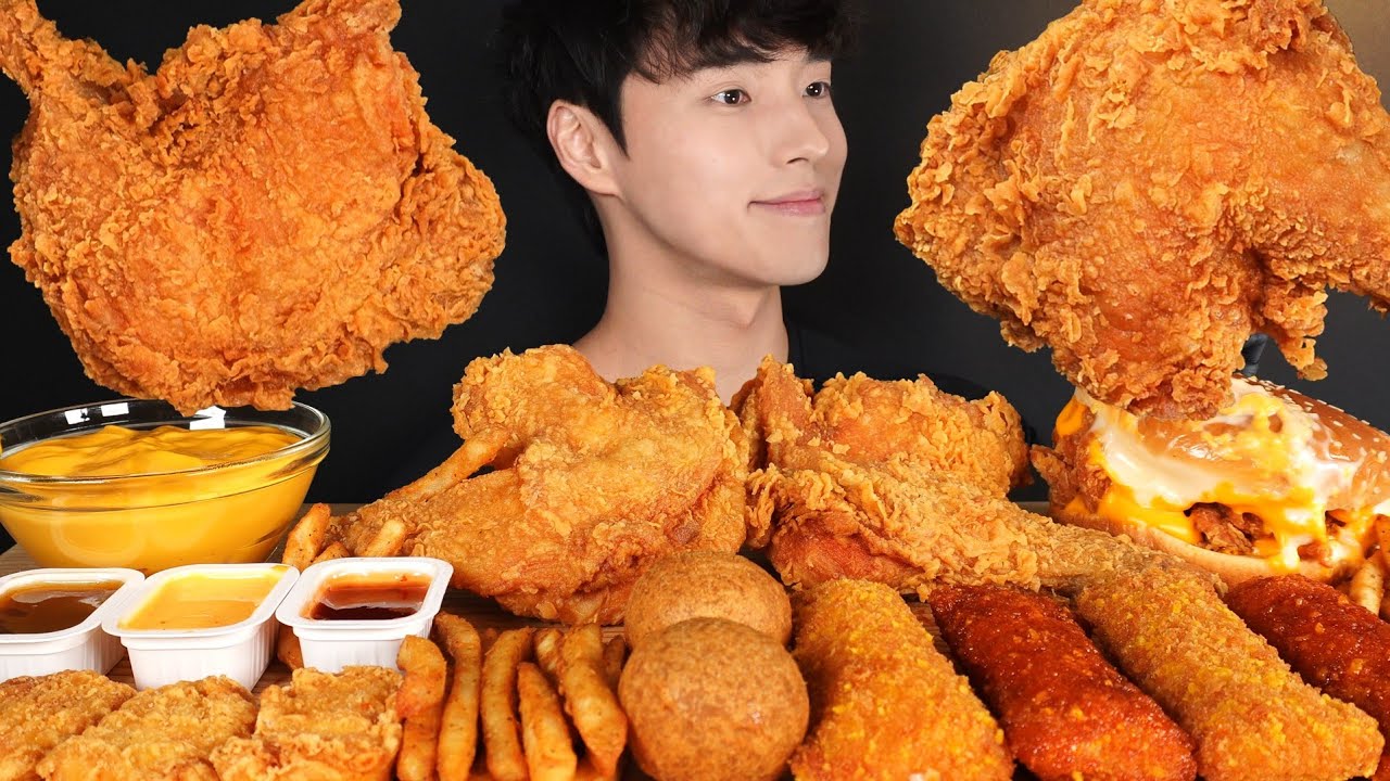 ASMR MUKBANG FRIED CHICKEN & CHICKEN CHEESE STICKS & BURGER & FRIES & CHEESE BALLS & NUGGETS