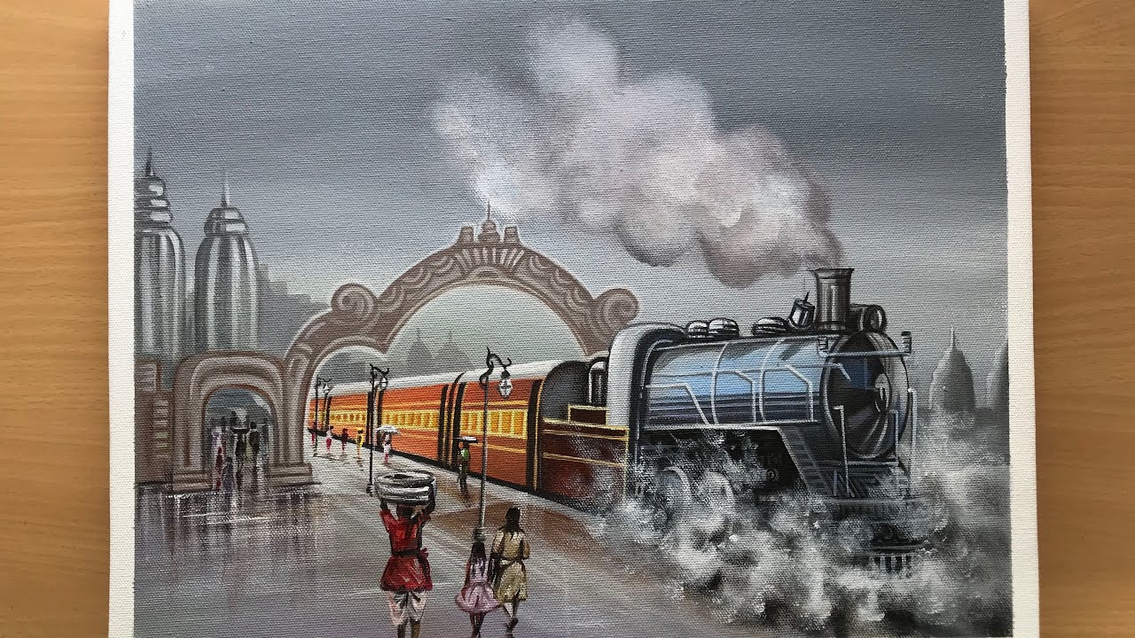 Daily Challenge #44 Train at Station / Acrylic Colour Painting on Canvas