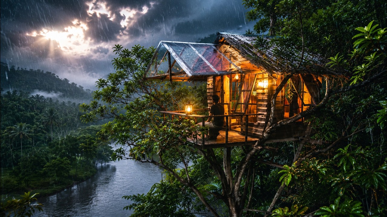 Camping Dihantam Hujan Deras Berkali - Kali Saat Memasang Atap Teras Rumah Pohon Mewah Tepi Sungai