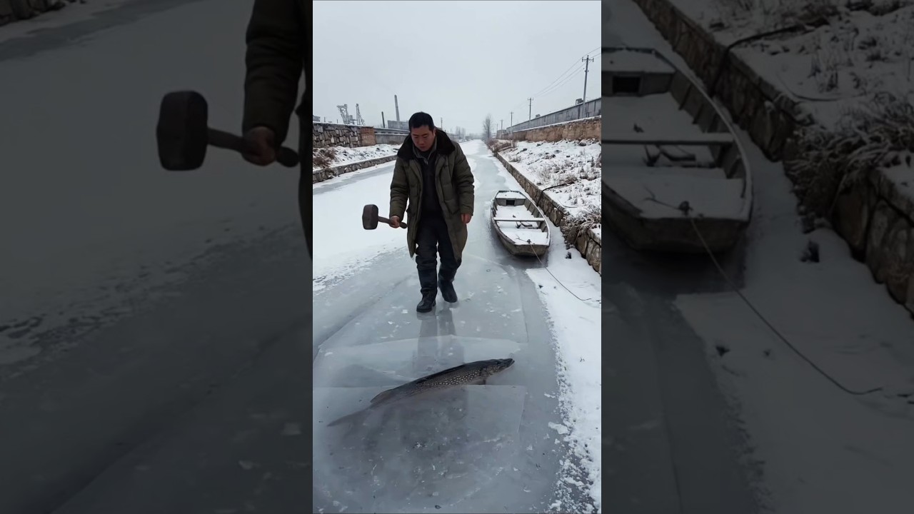 Большая щука застряла во льду