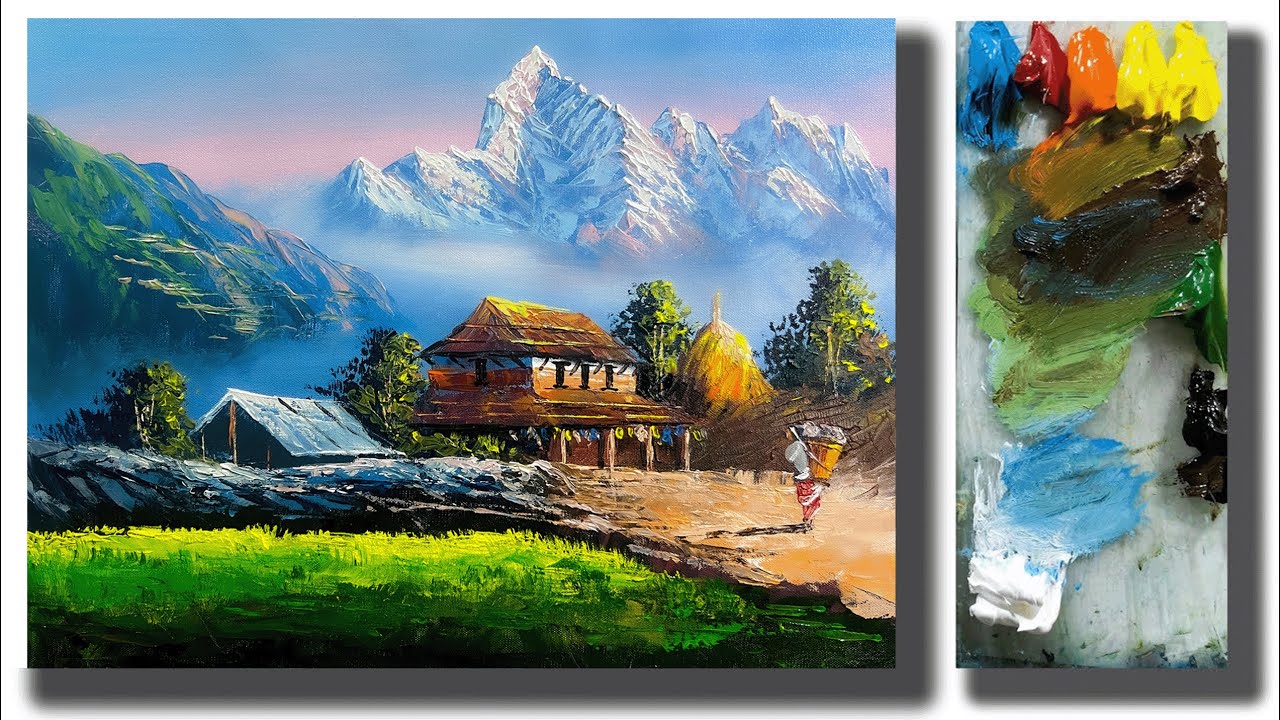 Acrylic Landscape Painting in Time-lapse | Nepali Village | Palette Knife Painting | Art Candy Nepal