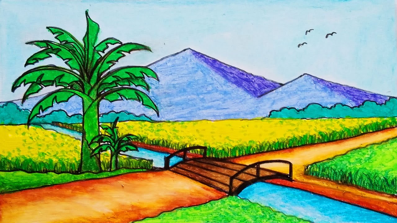 Cara Menggambar Pemandangan Sawah, Gunung dan Sungai yang Gampang | Gambar Pemandangan Yang Indah