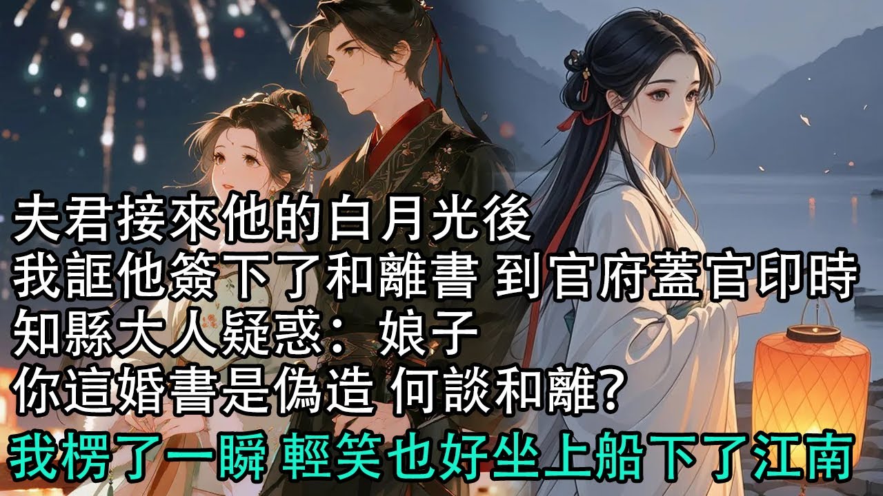 【一口氣看完】夫君接來他的白月光後，我誆他簽下了和離書 到官府蓋官印時，知縣大人疑惑：娘子，你這婚書是偽造 何談和離？我楞了一瞬 輕笑也好坐上船下了江南#古言 #有聲小說 #情感故事
