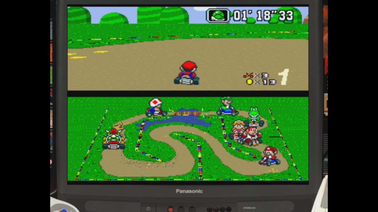 Super Mario Kart 1992 SNES Mushroom cup race.