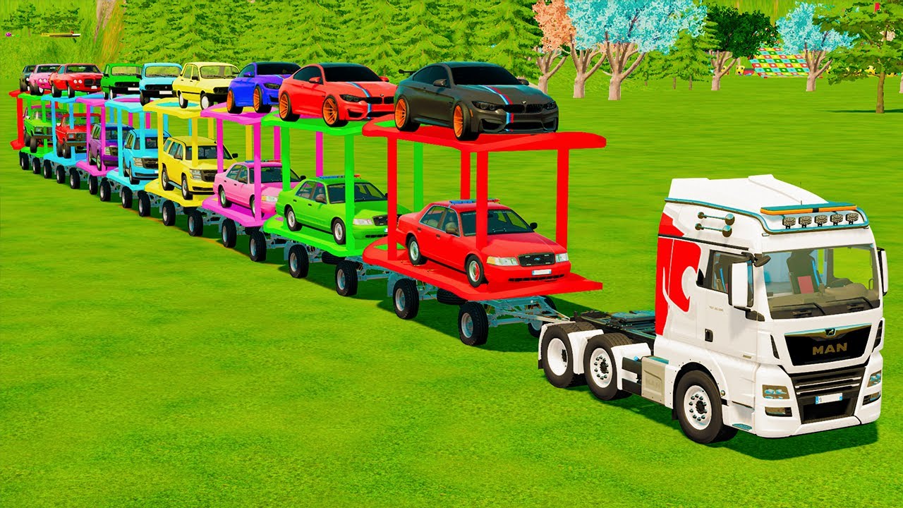 LONG CONVOY TRANSPORT OF COLORS! MUSCLE CARS, COPS BMW, POLICE GOLF & MACK TRUCK POWER! FS 25