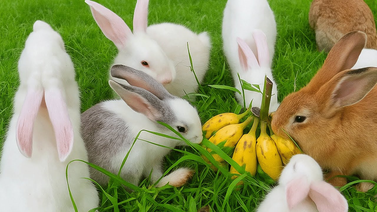Adorable rabbits eating Banana, playing, in garden Play