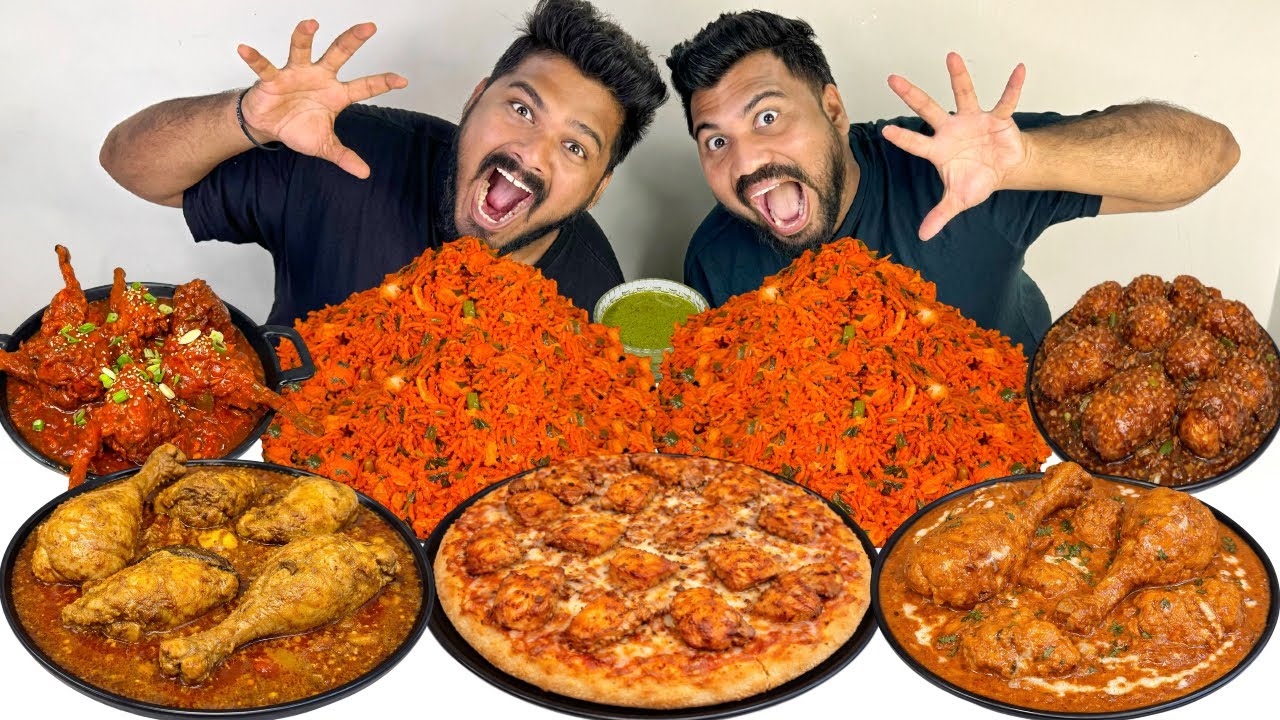 CHEESY CHICKEN PIZZA WITH BUTTER CHICKEN MURGIR LAL JHOL WITH CHICKEN SCHEZWAN FRIED RICE MUKBANG😍🔥