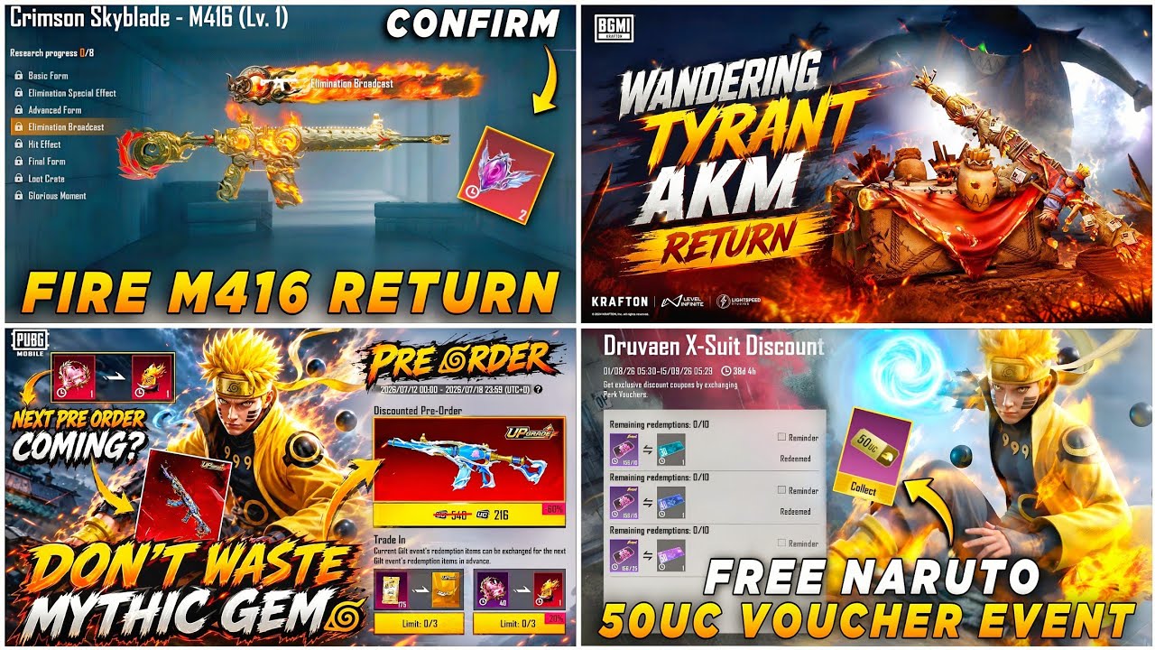 🔴 FIRE M416 RETURN CONFIRM ✅ WANDERING TYRANT AKM RETURN 🔥 PRE ORDER EVENT 🤩 NARUTO 50UC VOUCHER 😮