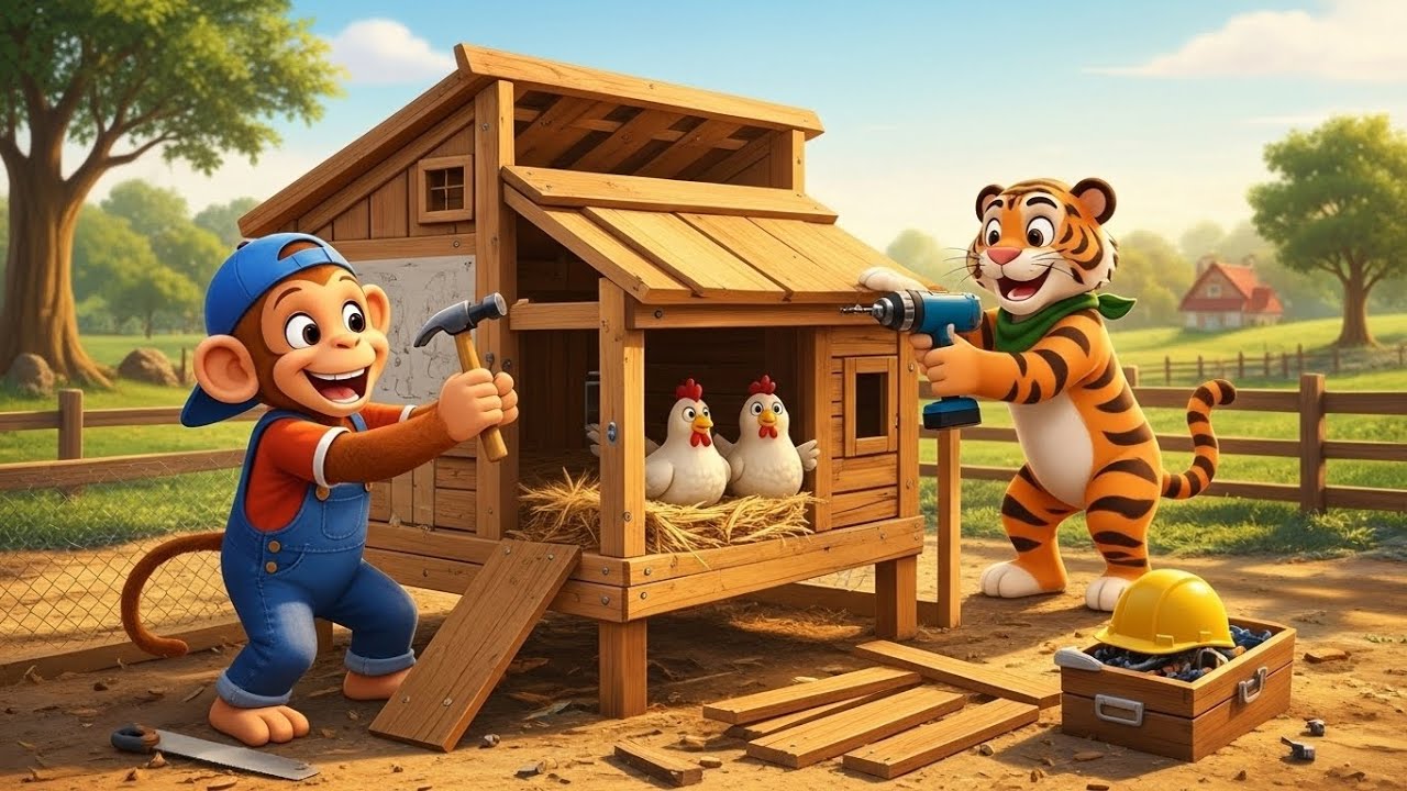 Monkey & Tiger Build a Chicken Coop 🛠️🐔 | Kids Cartoon