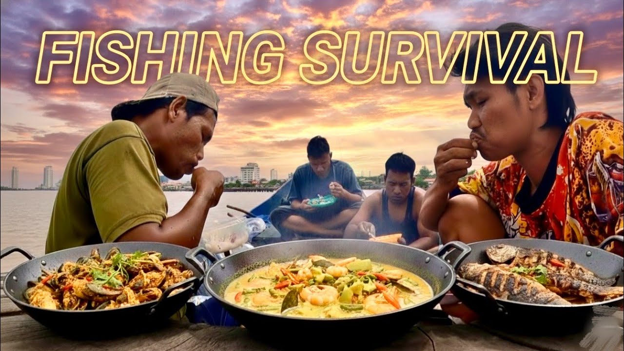 Survival fishing strike babon langsung di masak jala udang galah dan kerang batu di laut indah!!