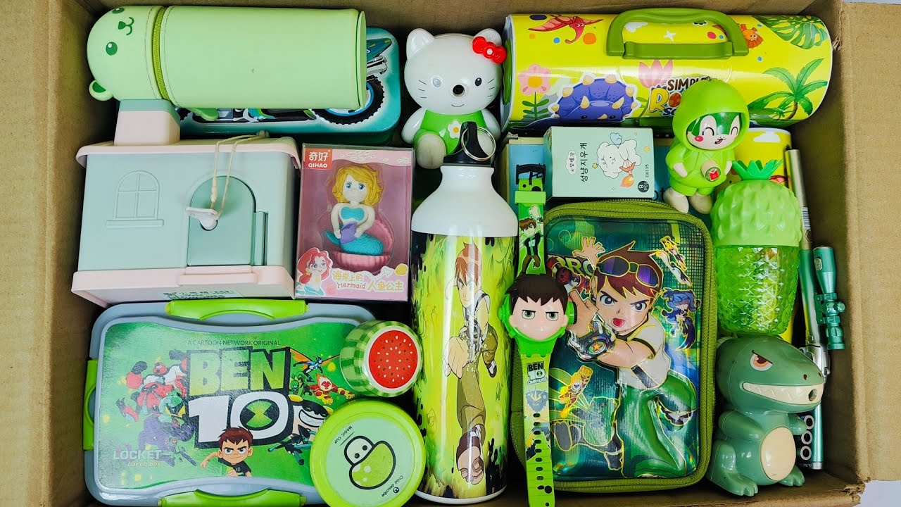 Unboxing New BEN10& Green Stationery📚 PiggyBank, Geometry Box, Pouch, Watch, Lunchbox, Eraser, Pen