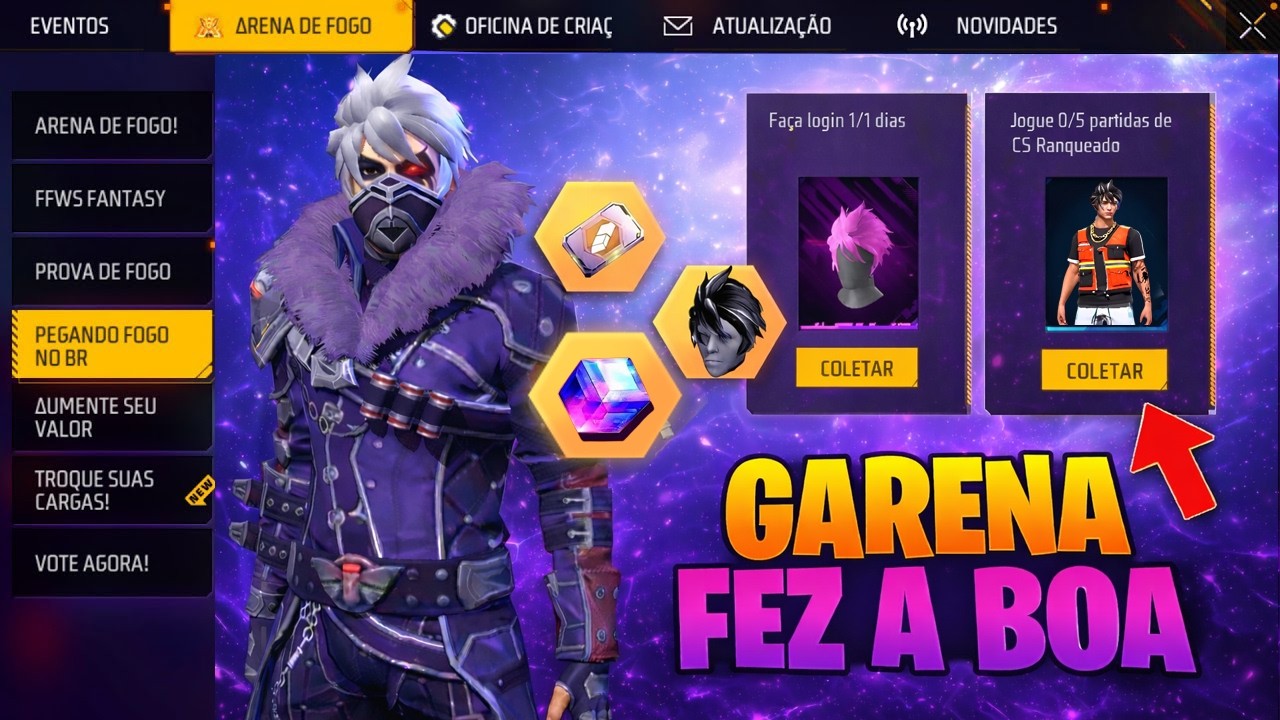 AMANHÃ! COLETE PRÊMIOS GRÁTIS, NOVO SOMBRA ROXA, CUBO MAGICO E TROCA NICK?, NOVIDADES FREE FIRE