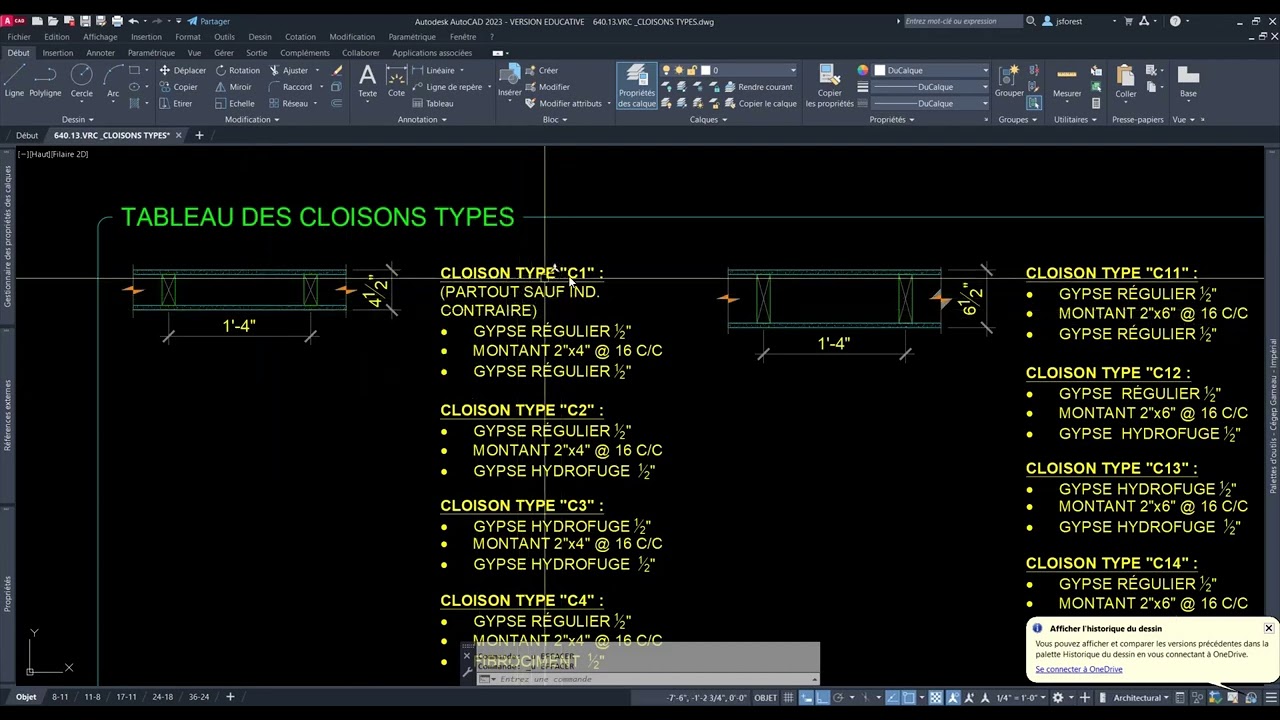 Tableau des cloisons types