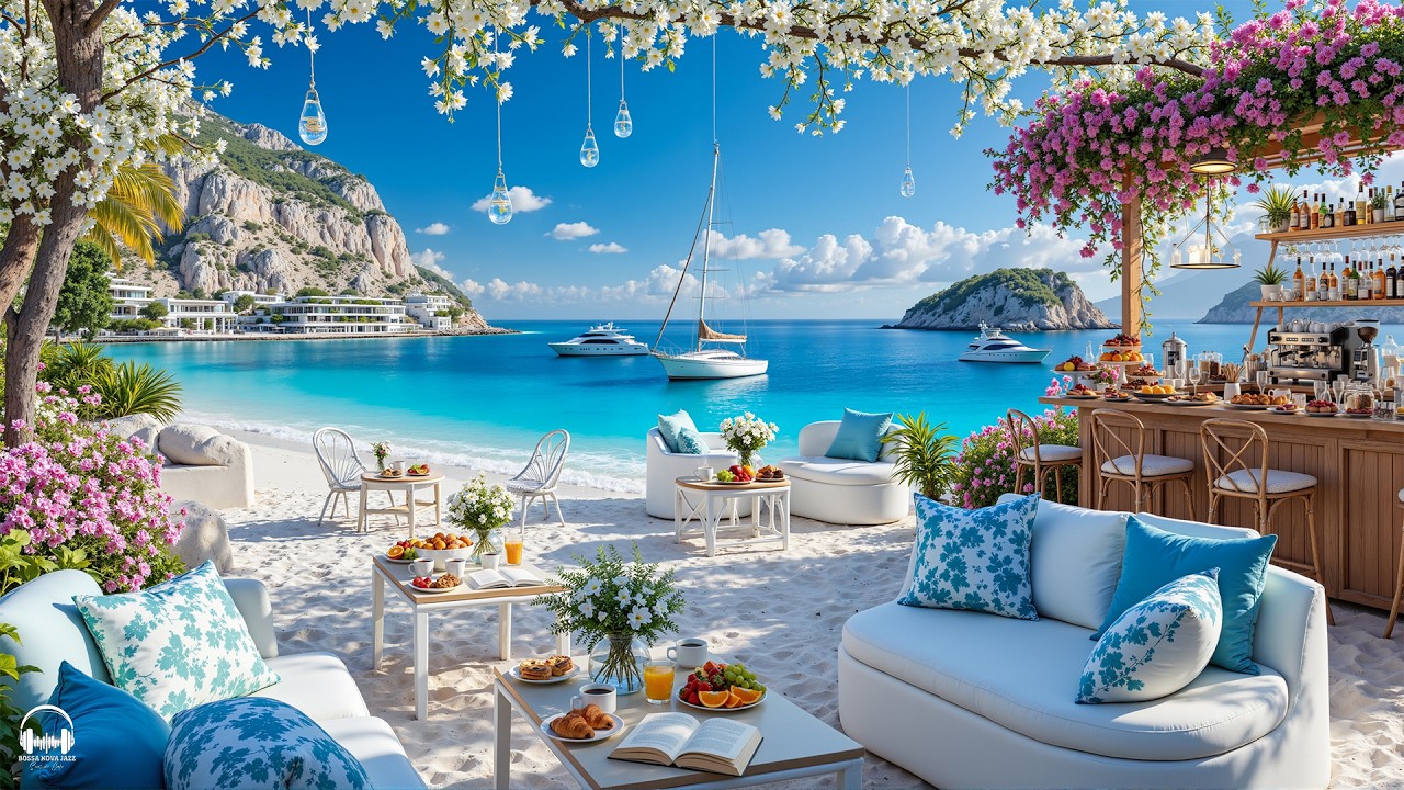 Outdoor Seaside Coffee Shop Ambience with Positive Bossa Nova Jazz & Ocean Waves for Stress Relief