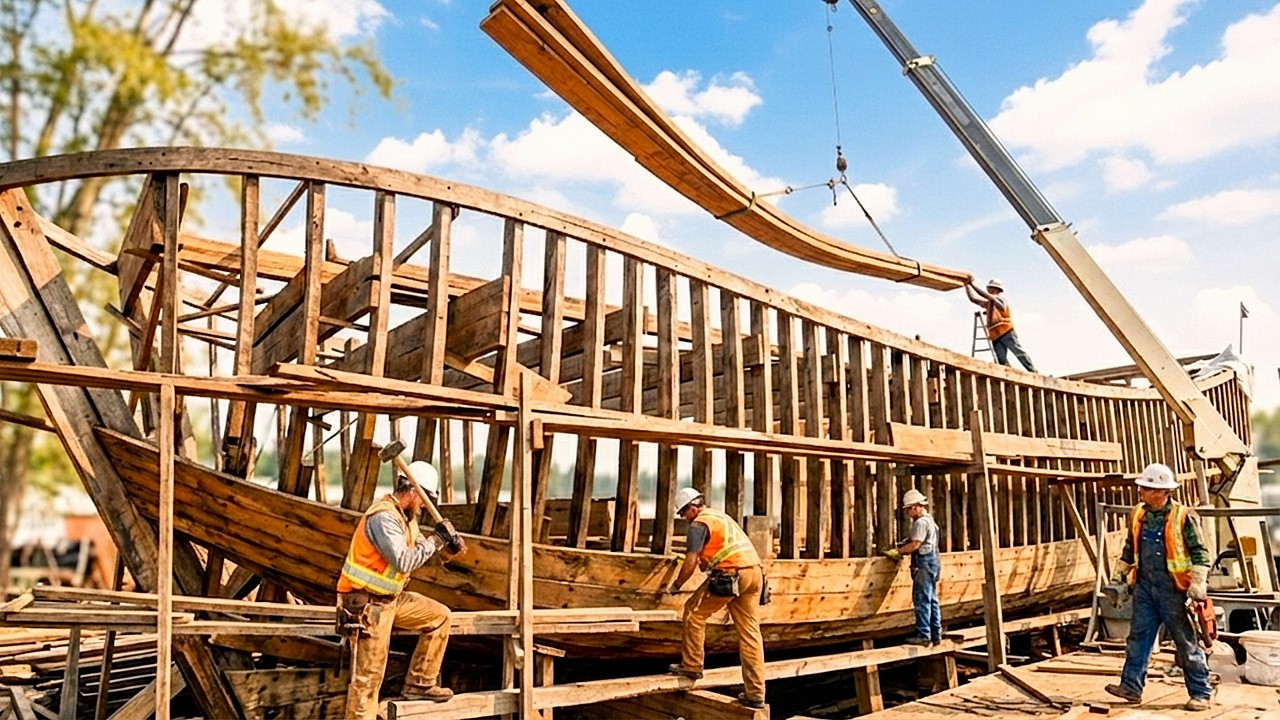 Building a Massive Luxury Wooden Boat by Hand from Raw Timber | Master Woodworking Craftsmanship