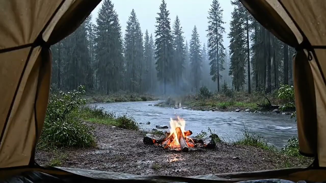 Cozy Rainy Forest Camping by the River with Crackling Campfire Ambience for Deep Sleep