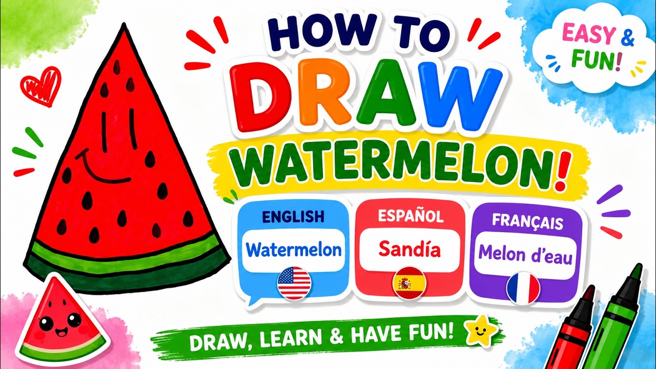 🍉 Let&rsquo;s Draw a Delicious Watermelon | Learn Words and Colours in English, Spanish and French!