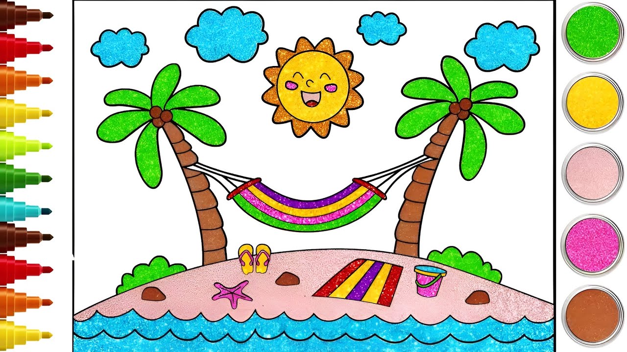 Beautiful Beach Scenery Drawing 🌴🌊 Learn To Draw And Color For Kids | Tum Tum Kids TV