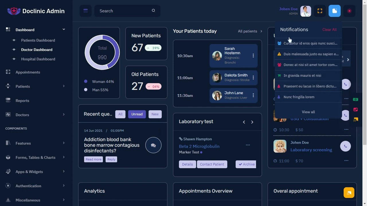 Doctor Dashboard Bootstrap Admin Template with LTR Dark Theme