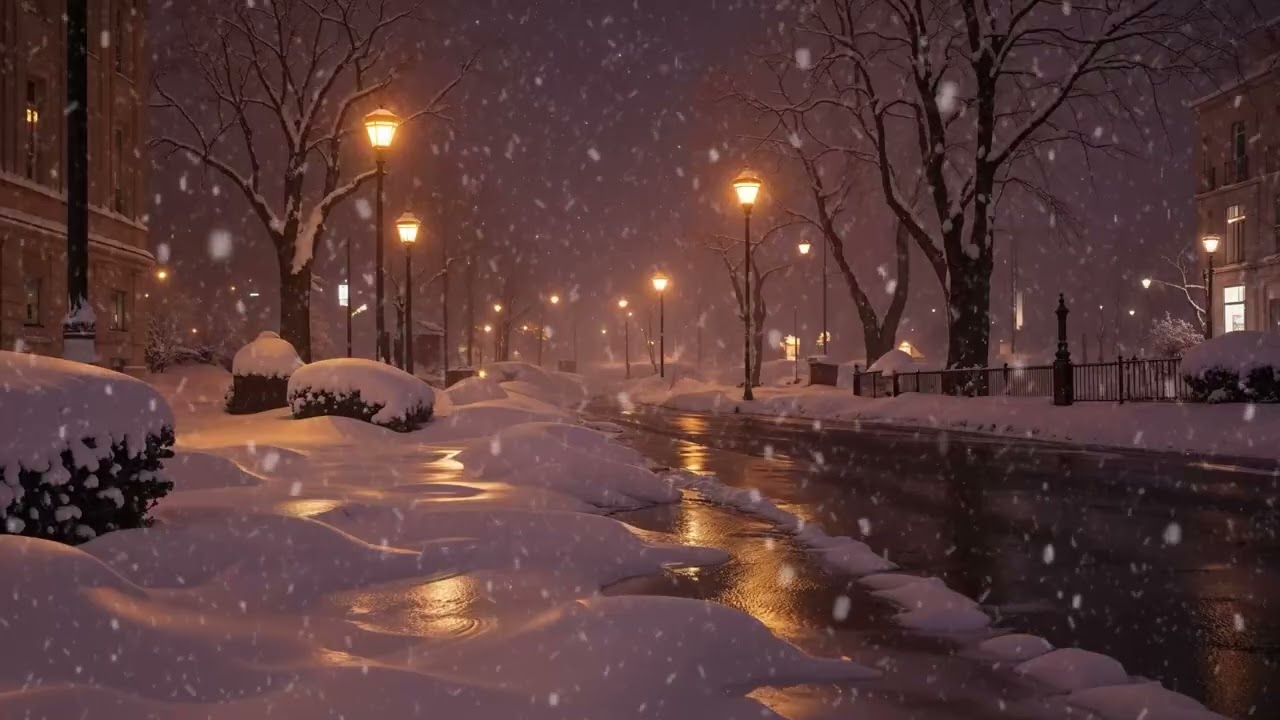 (No Ads) Winter midnight on the street | Sounds of Falling Snow, soft white noise for sleep 2