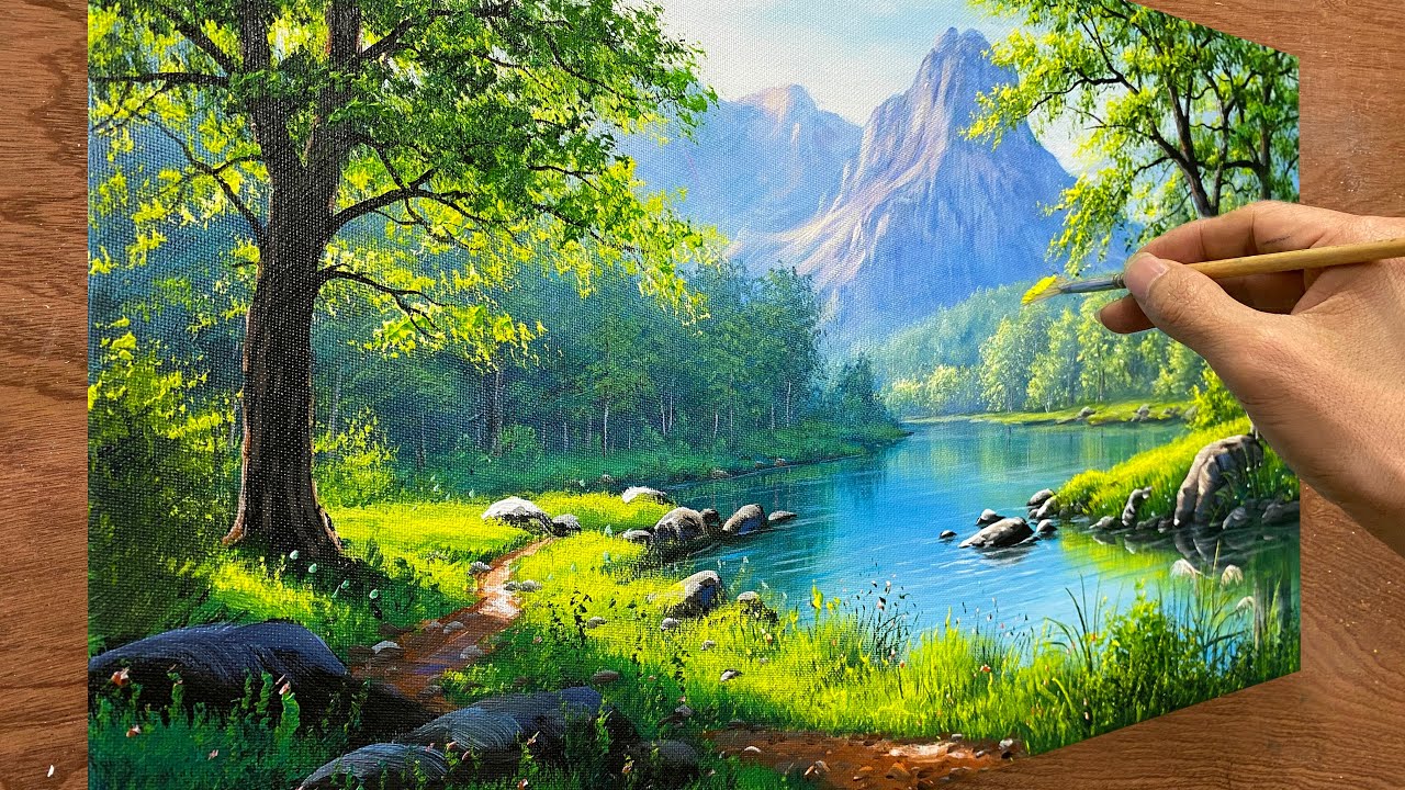 How to draw landscape painting #04 - Spring landscape by the lake / Acrylic painting / A Lu Art.