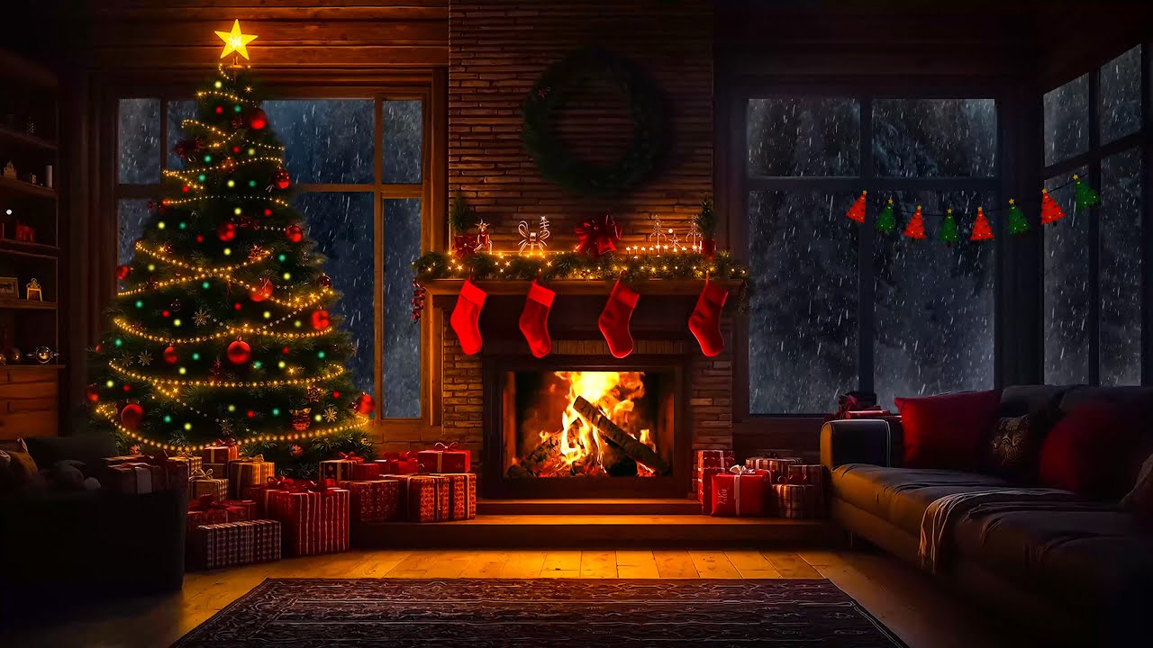 Warm Fireplace Ambience -  Warm Fireplace Glow and Gentle Snowfall Sounds