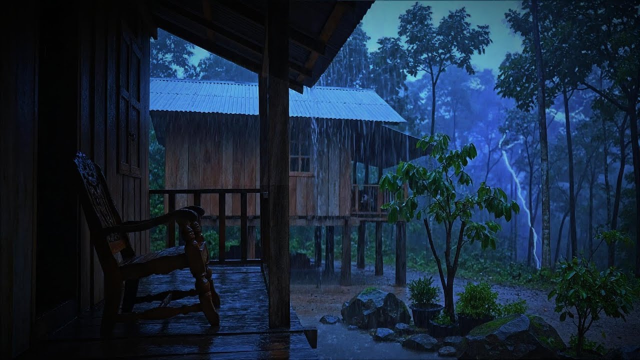 Heavy Rain on a Cozy Wooden Porch 🌲 Dark Forest Atmosphere for Sleeping & Relaxing
