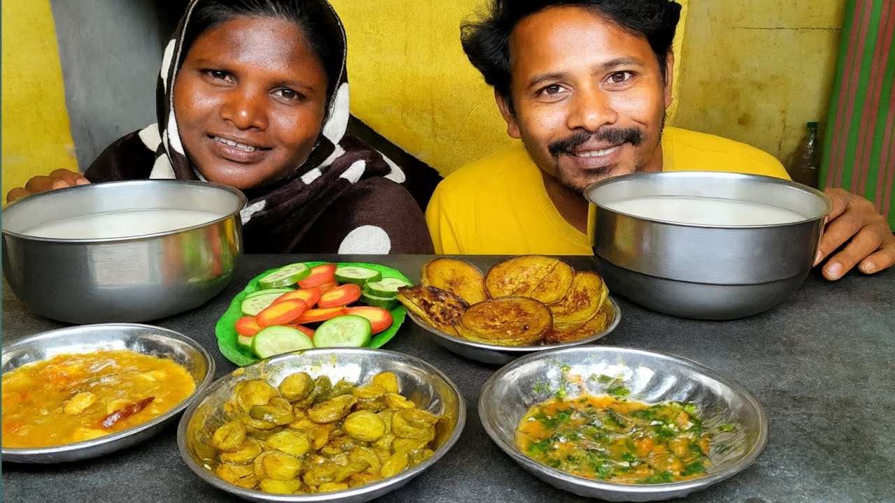 ASMR EATING PAKHALABHAT/PANTA BHAT BAIGAN FRY, Eggplant, TOMATO CHUTNEY, 