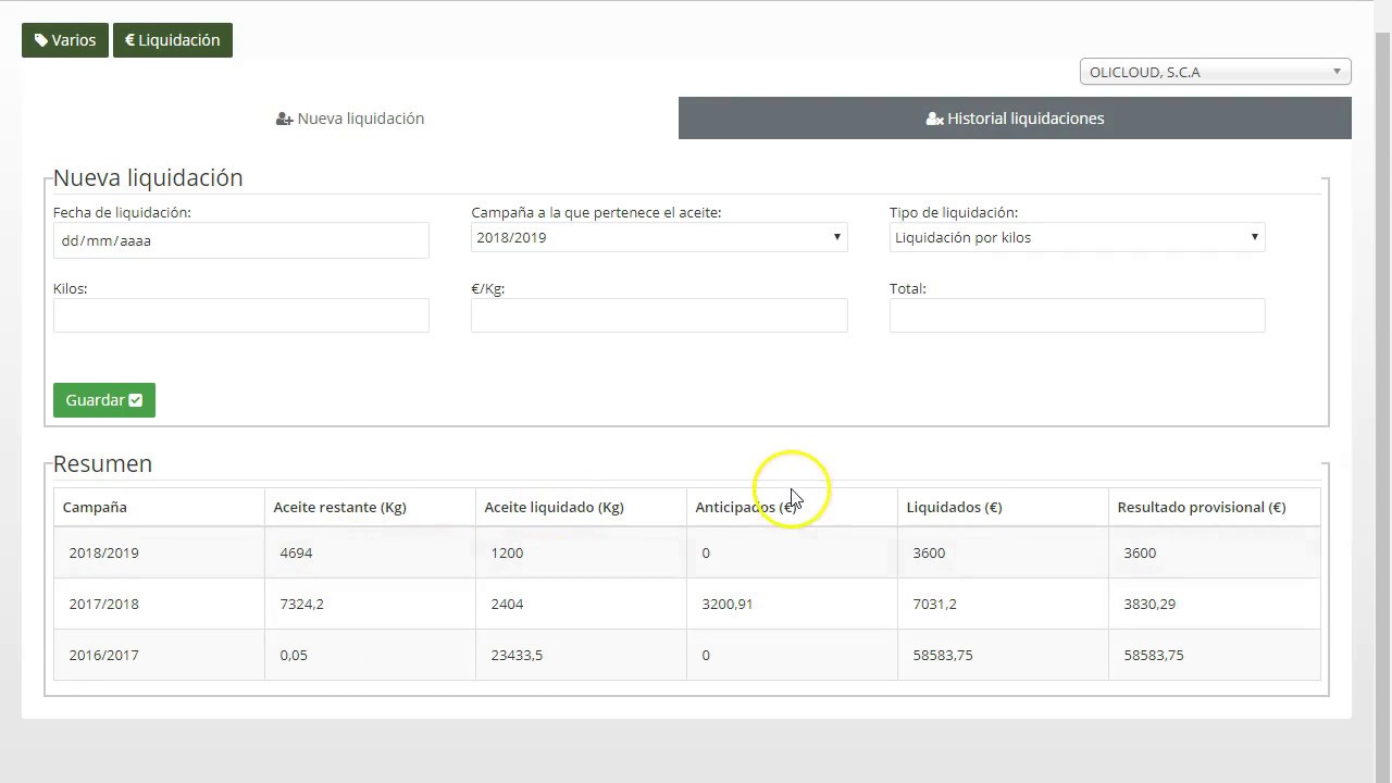 Entrada de aceituna y liquidación  en OliCloud - Software de gestión del olivar y frutales.