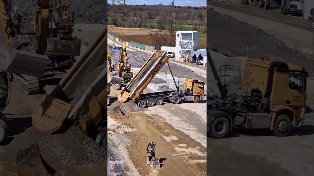 Mercedes-Benz Tipper Trailer Truck Dumping Gravel, Stuttgart 21