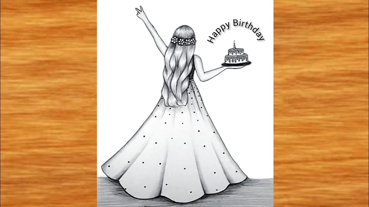 Happy birthday Drawing || Birthday Girl Drawing with cake || girl holding birthday cake Drawing easy