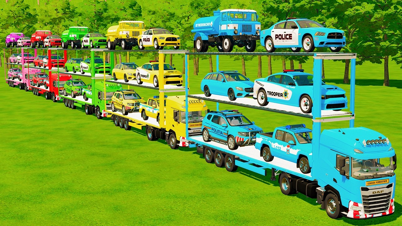 OVERSIZED TWIN CARS TRANSPORT OF COLORS! COPS DODGE HELLCAT, BMW, MINI CEMENT MIXERS! FS 25