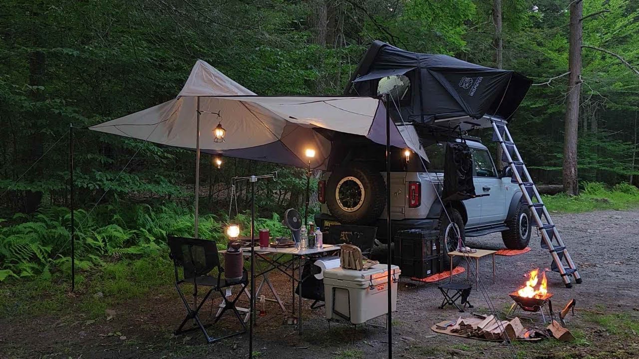 Relaxing Creekside Camping with Bronco Bigfoot | ikamper, Campfire Cooking, Tarp Shelter & ASMR