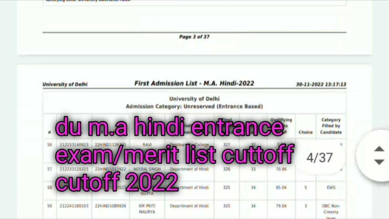 du m.a hindi cuttoff 2022