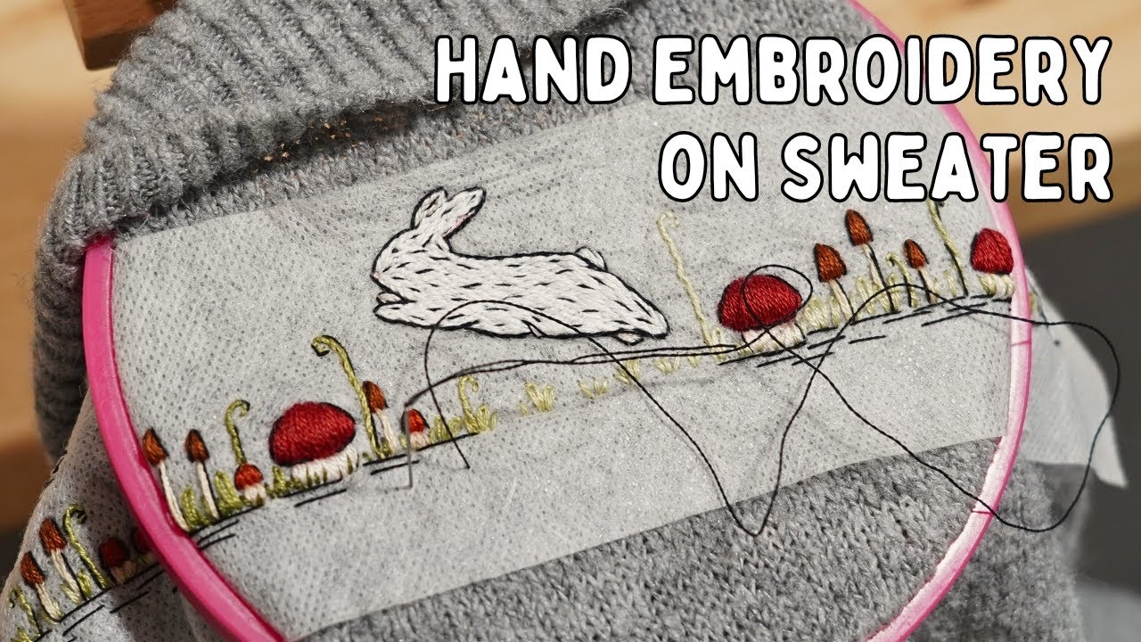 Bunnies and Mushrooms Hand Embroidery on Knitted Turtleneck Sweater | Thread Painting on Clothes