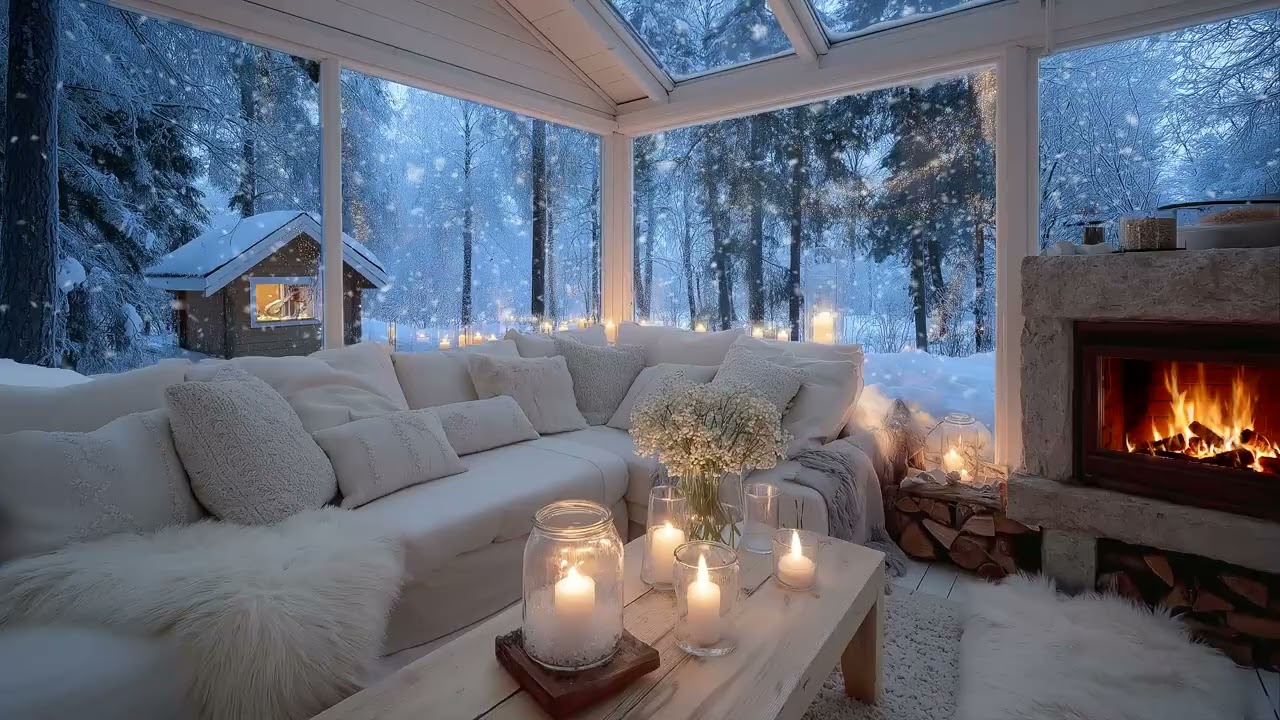 🤍 White Ember Piano 🎹 Lounge for 4 Hours | Relaxing Fireplace Light & Snowfall to Calm Your Mind Now