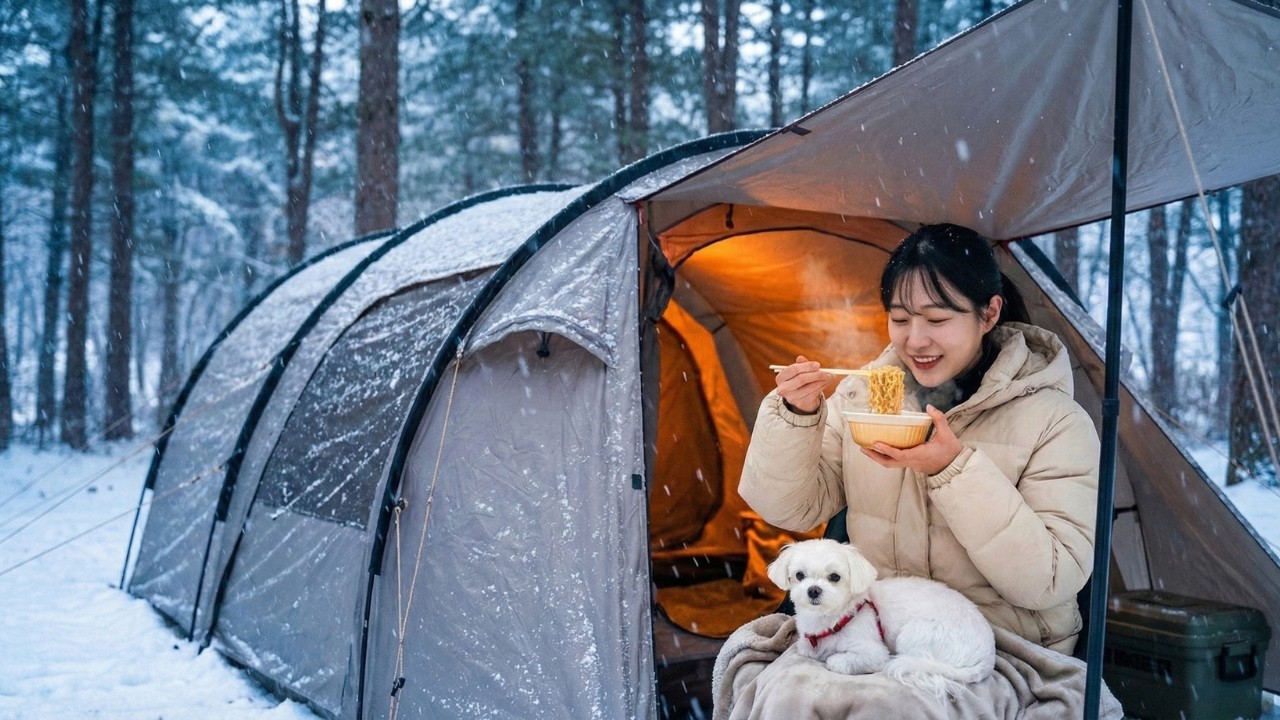 😎💥 Camping In Heavy SNOW A 5M mega car tunnel tent | Seoul Silent Camp