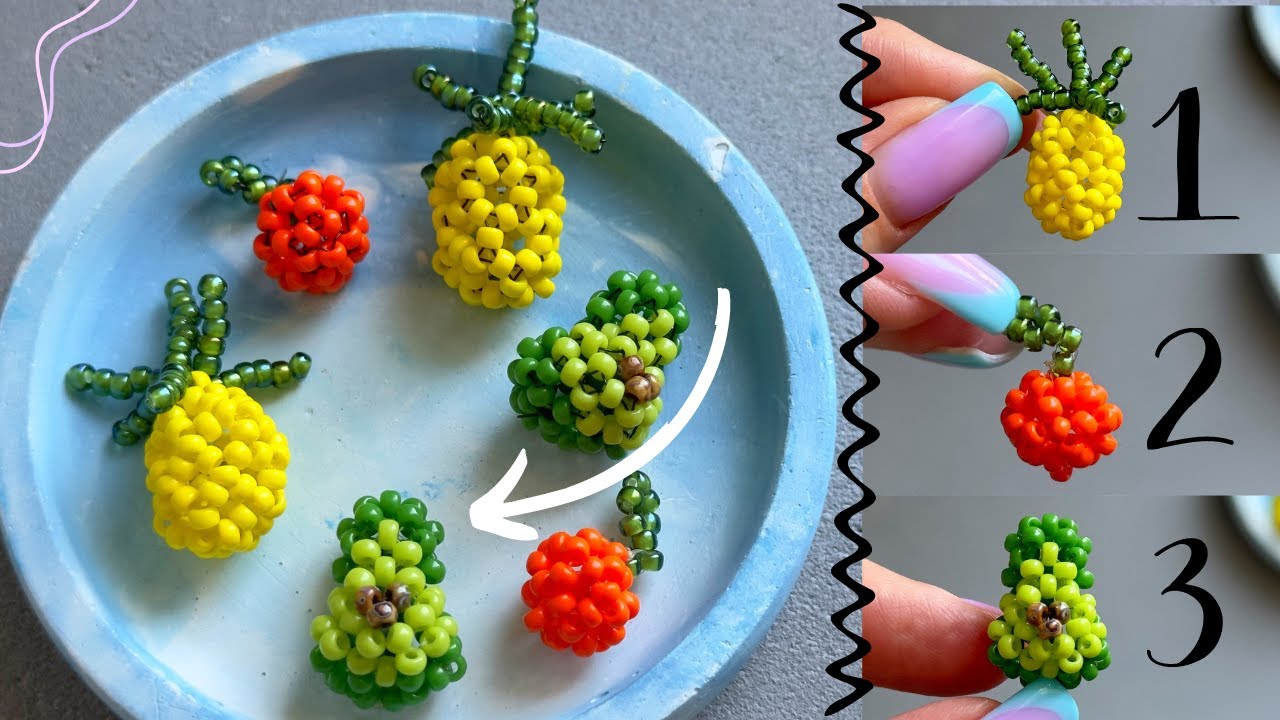 Tutorial on beaded avocado, orange and pineapple. How to make 3D beaded fruit