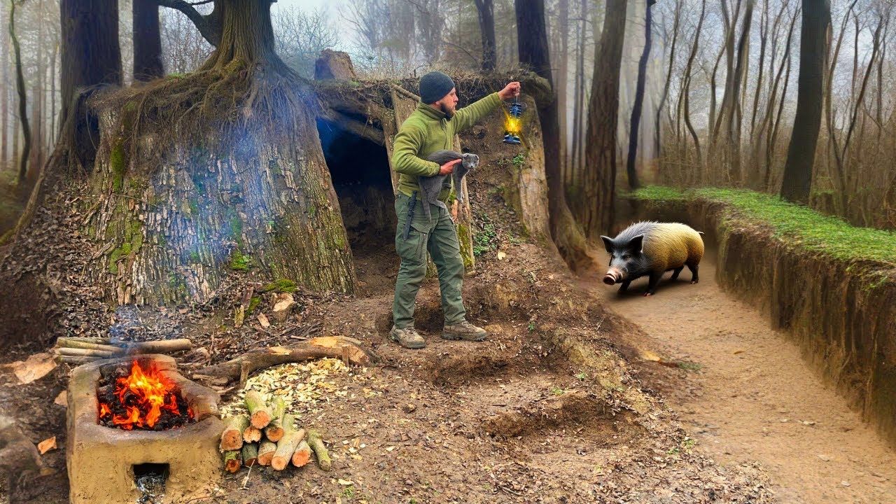 Building a Warm Secret Dugout in the Root of a Tree | Underground Survival Shelter , Bushcraft