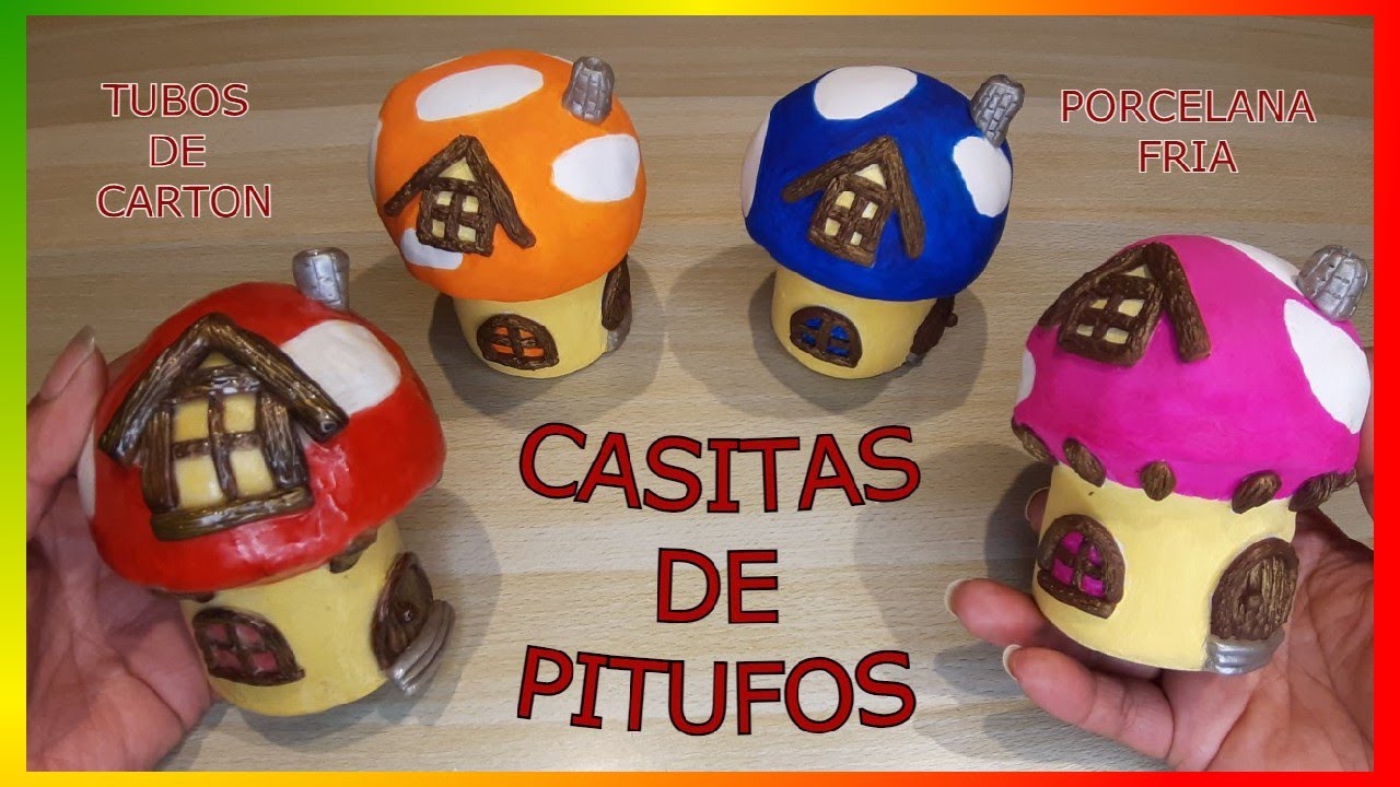Manualidades con TUBOS DE CARTON , Bellas casitas de pitufos en PORCELANA FRIA , faciles de hacer
