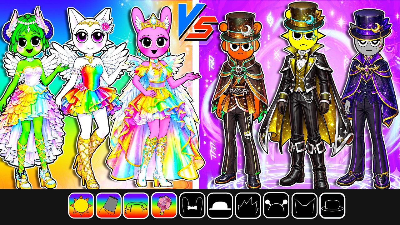 Rainbow Angel Girls VS Dark Magic Gentlemen Fashion Battle | DIY Fashion Sprunki Paper Doll