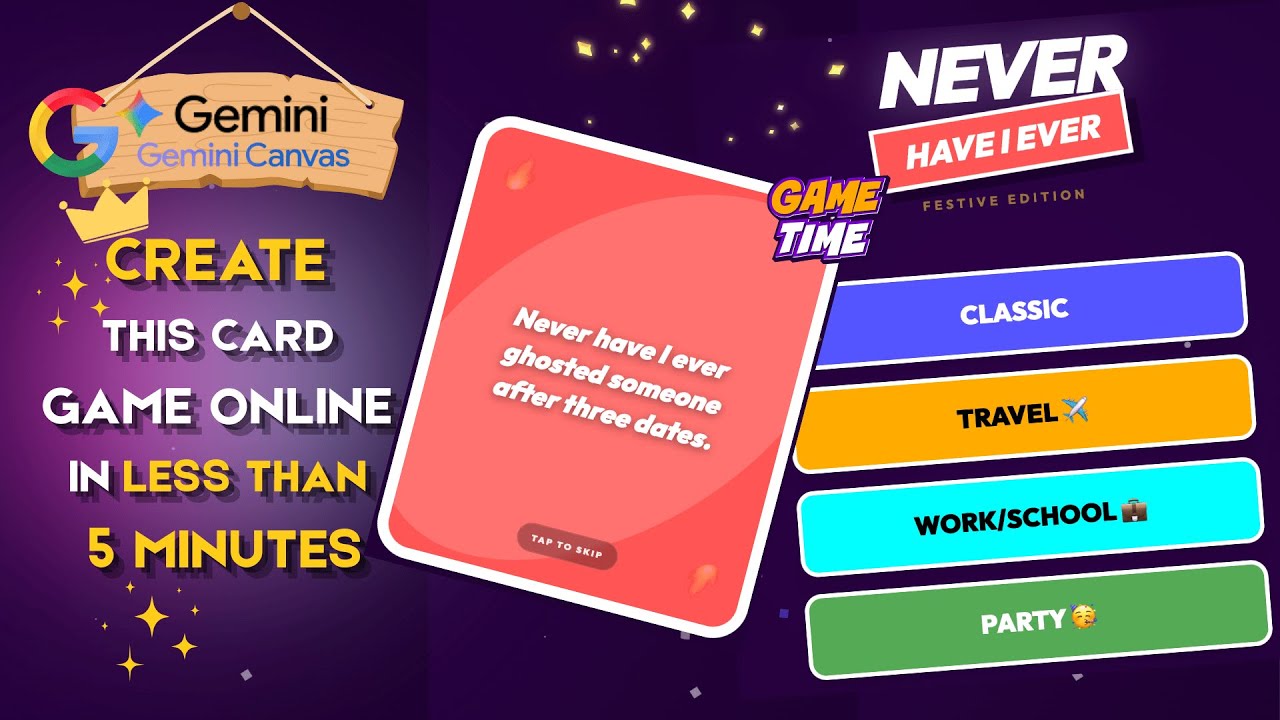 How to Create Never Have I Ever Card Game with Gemini Canvas | Create Online Game Party Game Night 🎉