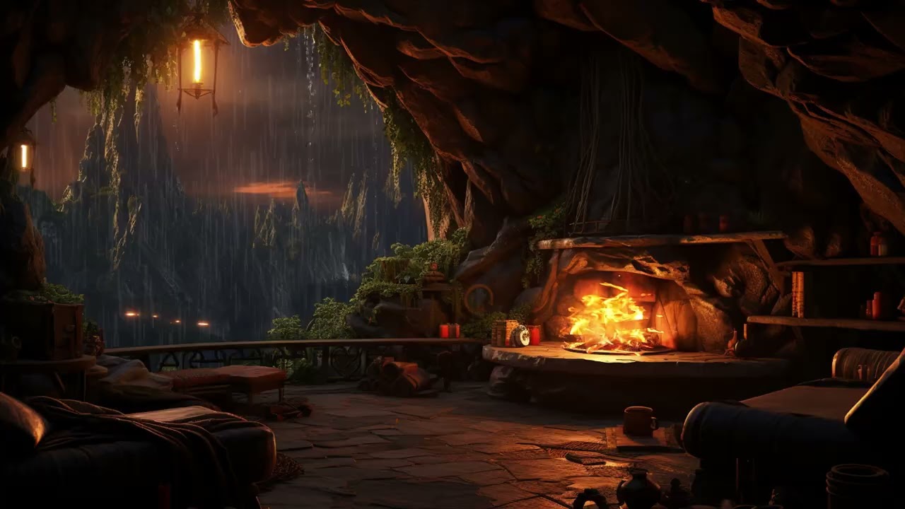 🛡️ Cave Shelter Ambience | Heavy Rain & Warm Crackling Fire (3 Hours) | Focus Stress Relief Sleep