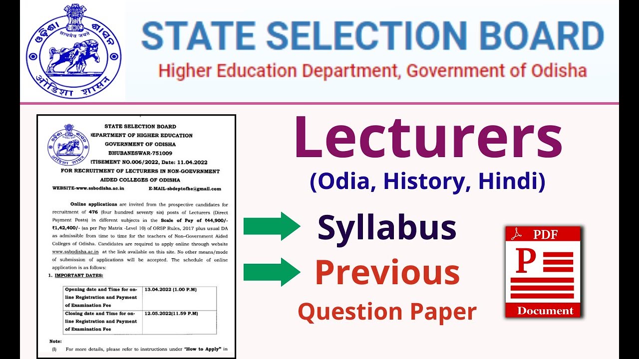 SSB Odisha Lecturer Odia,History,Hindi syllabus