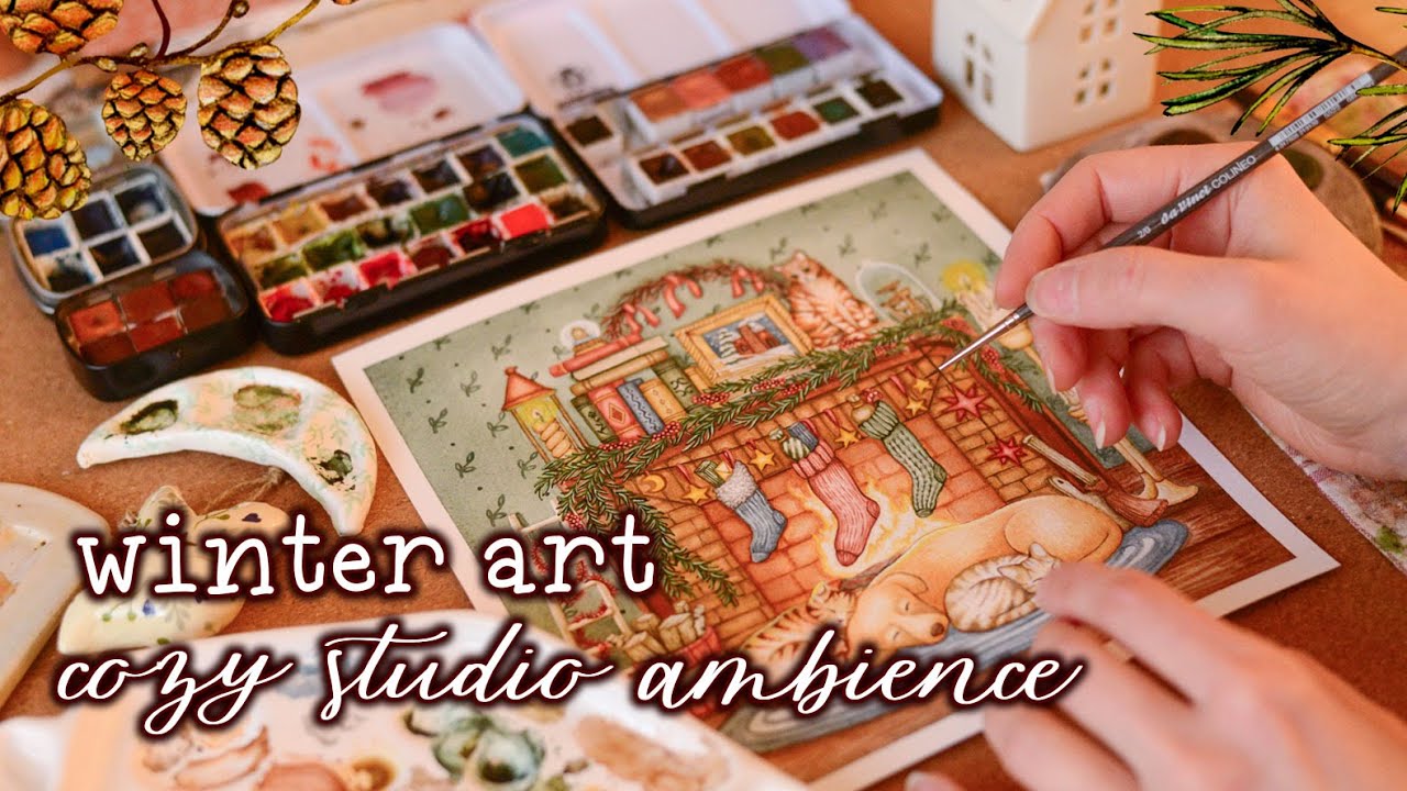 Christmas art studio ambience : Cozy & Relaxing Watercolor Painting Process | Cottagecore Art Vlog